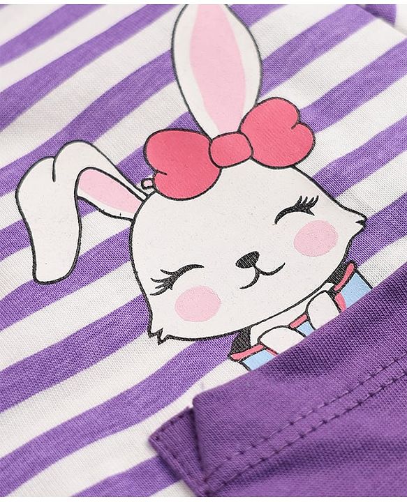 Pine Kids 100% Cotton Knit Half Sleeves T-Shirt & Pyjama Night Suit With Rabbit Print & Bio Finish - Purple