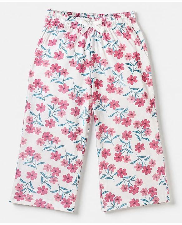 Pink Kids 100% Cotton Knit Full Sleeves Co-Ord Shirt & Pajama Night Suit With Floral Print-White