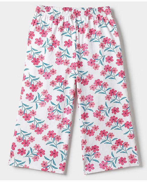 Pink Kids 100% Cotton Knit Full Sleeves Co-Ord Shirt & Pajama Night Suit With Floral Print-White
