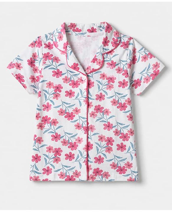 Pink Kids 100% Cotton Knit Full Sleeves Co-Ord Shirt & Pajama Night Suit With Floral Print-White