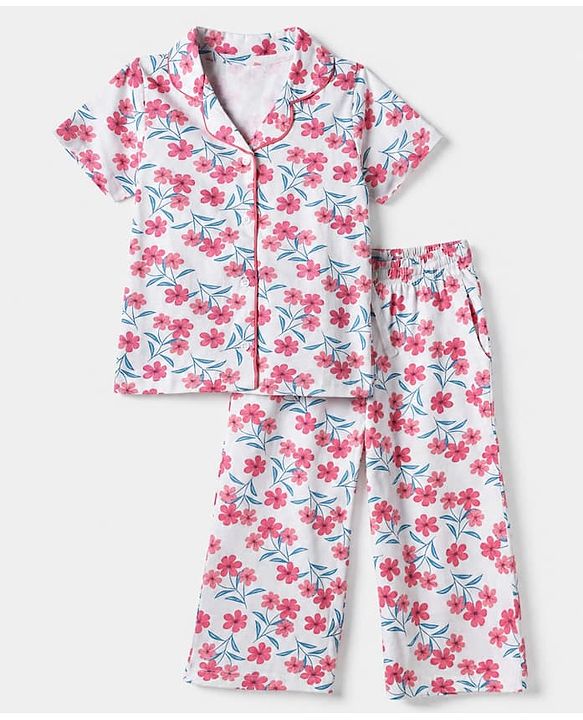 Pink Kids 100% Cotton Knit Full Sleeves Co-Ord Shirt & Pajama Night Suit With Floral Print-White