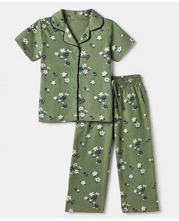Pink Kids 100% Cotton Knit Full Sleeves Co-Ord Shirt & Pajama Night Suit With Floral Print-Green