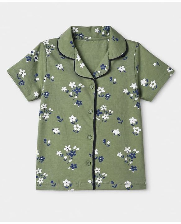 Pink Kids 100% Cotton Knit Full Sleeves Co-Ord Shirt & Pajama Night Suit With Floral Print-Green