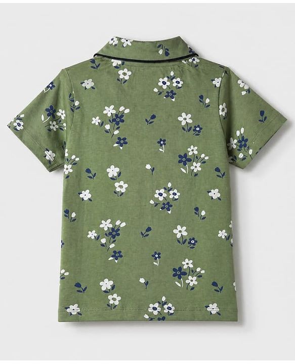Pink Kids 100% Cotton Knit Full Sleeves Co-Ord Shirt & Pajama Night Suit With Floral Print-Green