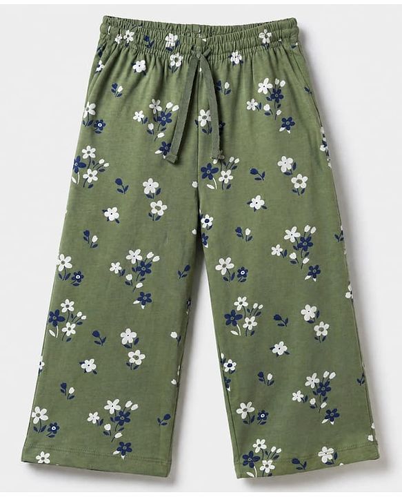 Pink Kids 100% Cotton Knit Full Sleeves Co-Ord Shirt & Pajama Night Suit With Floral Print-Green