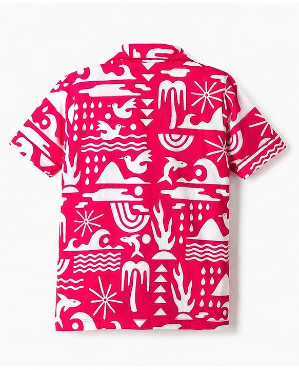 Pine Kids 100% Cotton Knit Half Sleeves Co-Ords Shirt & Short Night Suit With Bird Print - Red