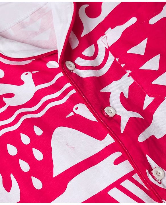 Pine Kids 100% Cotton Knit Half Sleeves Co-Ords Shirt & Short Night Suit With Bird Print - Red