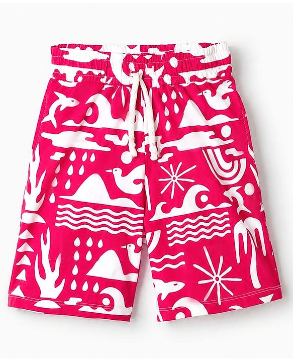 Pine Kids 100% Cotton Knit Half Sleeves Co-Ords Shirt & Short Night Suit With Bird Print - Red