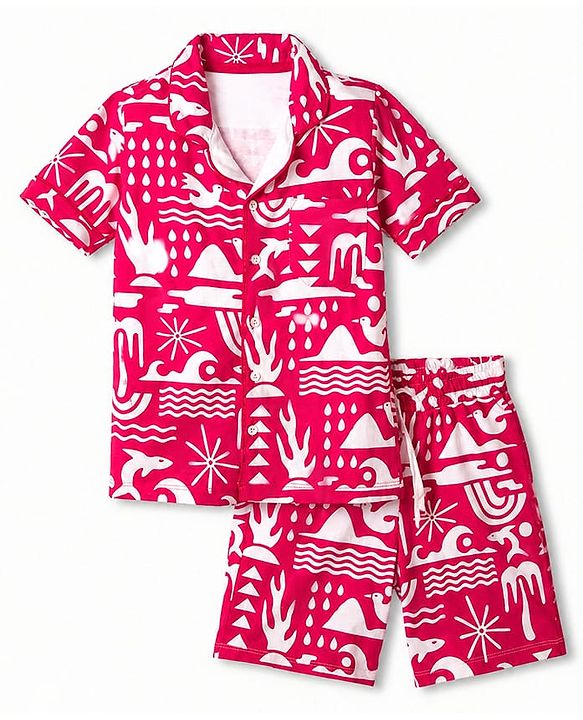 Pine Kids 100% Cotton Knit Half Sleeves Co-Ords Shirt & Short Night Suit With Bird Print - Red