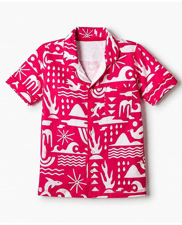 Pine Kids 100% Cotton Knit Half Sleeves Co-Ords Shirt & Short Night Suit With Bird Print - Red