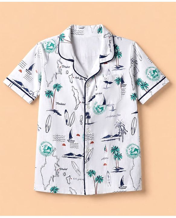 Pine Kids 100% Cotton Knit Half Sleeves Co-Ords Shirt & Short Night Suit With Tropical Theme Print - White