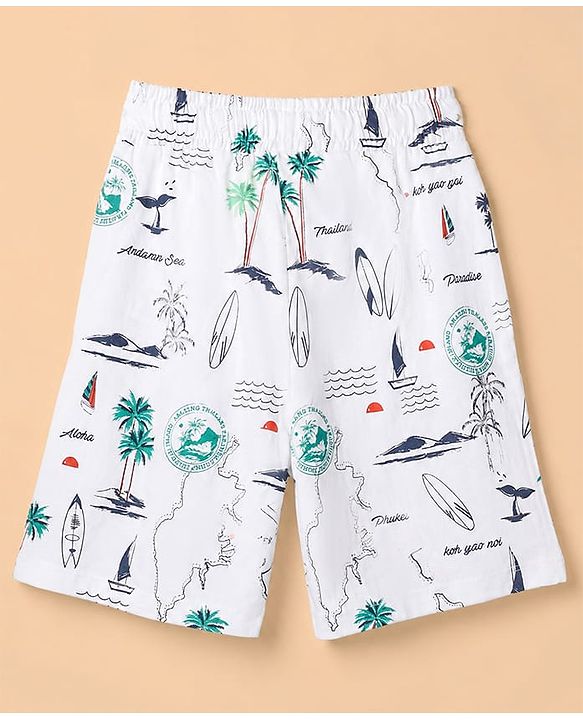 Pine Kids 100% Cotton Knit Half Sleeves Co-Ords Shirt & Short Night Suit With Tropical Theme Print - White