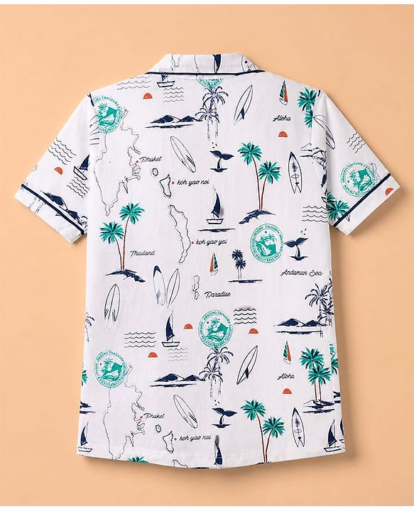 Pine Kids 100% Cotton Knit Half Sleeves Co-Ords Shirt & Short Night Suit With Tropical Theme Print - White