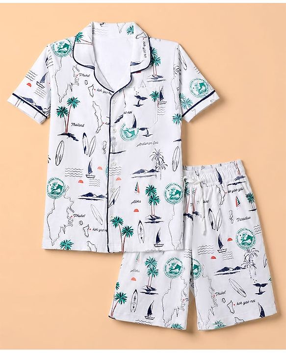 Pine Kids 100% Cotton Knit Half Sleeves Co-Ords Shirt & Short Night Suit With Tropical Theme Print - White