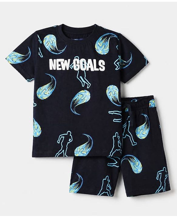 Pine Kids 100% Cotton Knit Half Sleeves Co-Ords T-Shirt & Short Night Suit With New Goal Text Print - Navy Blue