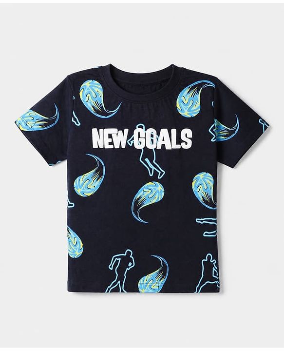 Pine Kids 100% Cotton Knit Half Sleeves Co-Ords T-Shirt & Short Night Suit With New Goal Text Print - Navy Blue