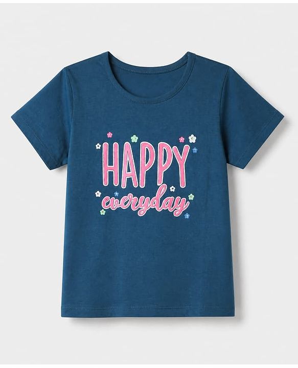 Pine Kids 100% Cotton Single Jersery Knit 180 GSM Half Sleeves Co-ords T-Shirt & Short Night Suit With Happy Everyday Text Print & Bio Wash- Navy Blue
