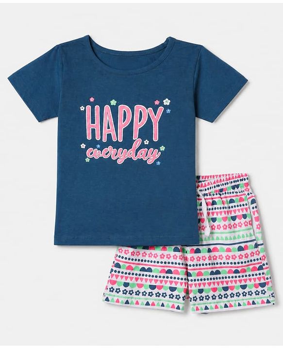 Pine Kids 100% Cotton Single Jersery Knit 180 GSM Half Sleeves Co-ords T-Shirt & Short Night Suit With Happy Everyday Text Print & Bio Wash- Navy Blue