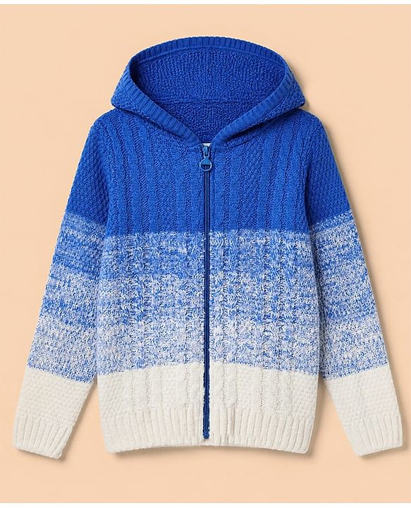 Pine Kids Cotton Blend Knit Full Sleeves Hooded Front Open Sweater With Cable Knit Design - Blue