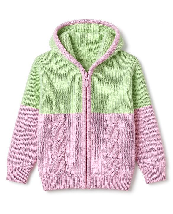 Pine Kids Cotton Blend Knit Full Sleeves Front Open Sweater With Cable Knit Design - Pink