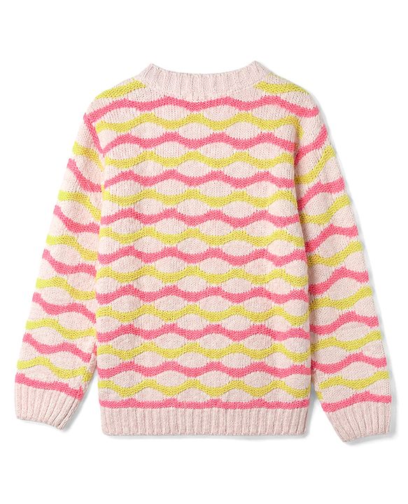 Pine Kids Cotton Blend Knit Full Sleeves Front Open Sweater With Wavy Stripe Design - Pink