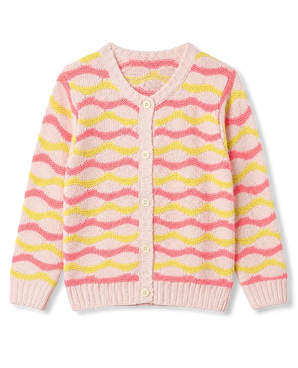 Pine Kids Cotton Blend Knit Full Sleeves Front Open Sweater With Wavy Stripe Design - Pink