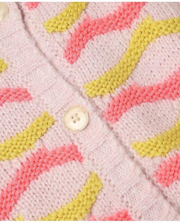 Pine Kids Cotton Blend Knit Full Sleeves Front Open Sweater With Wavy Stripe Design - Pink