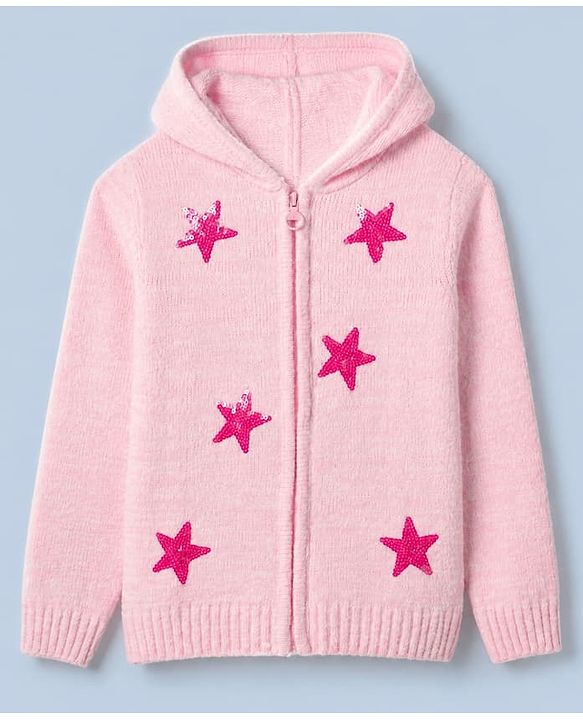 Pine Kids Knit Front Open Sweater with Full Sleeves and Stars Sequins in Pink for 4-5 Years