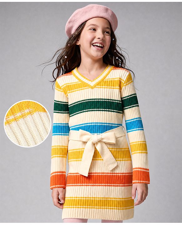 Pine Kids Cotton Blend Knit Woolen Dress with Full Sleeves and Striped Print - White
