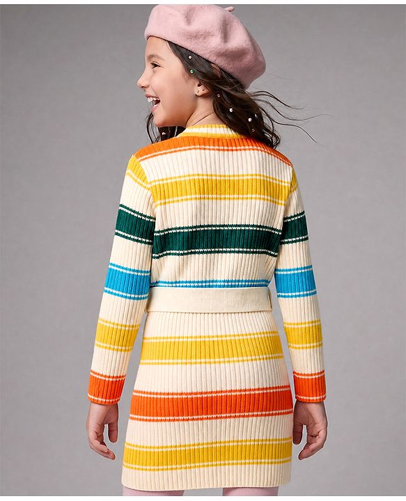 Pine Kids Cotton Blend Knit Woolen Dress with Full Sleeves and Striped Print - White