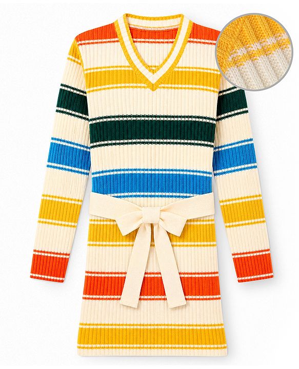 Pine Kids Cotton Blend Knit Woolen Dress with Full Sleeves and Striped Print - White