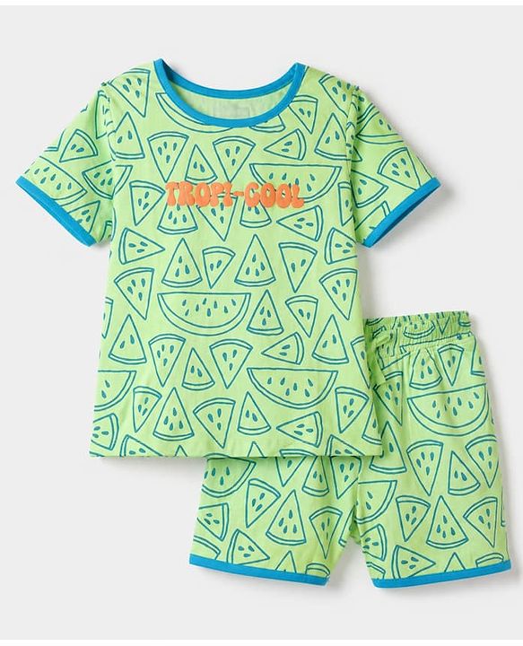 Pine Kids 100% Cotton Knit Half Sleeves Co-Ords T-Shirt & Short Night Suit With Tropi-Cool Text Print - Green