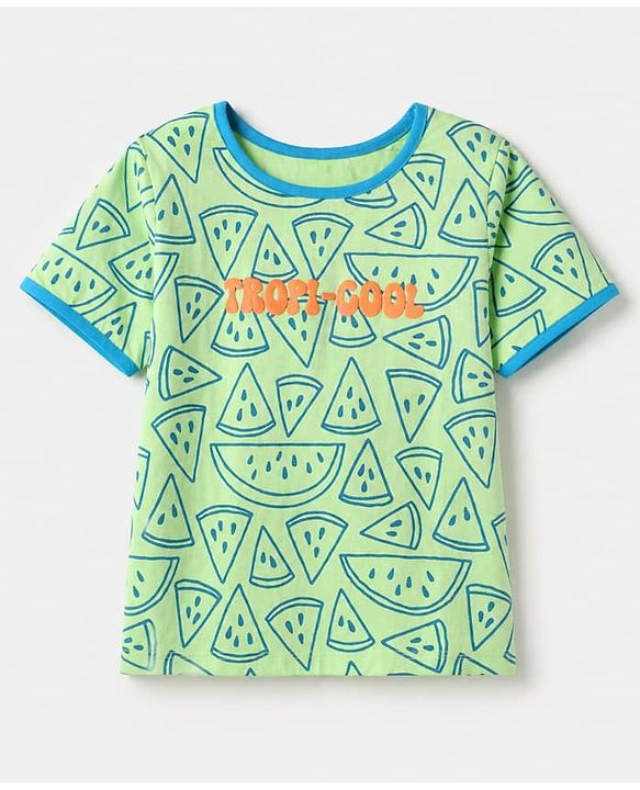 Pine Kids 100% Cotton Knit Half Sleeves Co-Ords T-Shirt & Short Night Suit With Tropi-Cool Text Print - Green