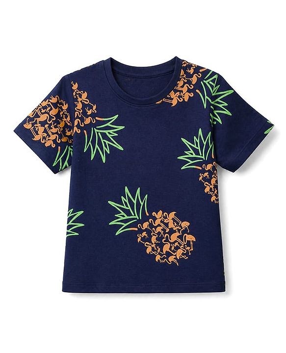 Pine Kids 100% Cotton Knit Half Sleeves Pineapple Print T Shirt & Shorts Co-ords Night Suit With Bio Washed in Navy Blue