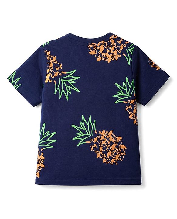 Pine Kids 100% Cotton Knit Half Sleeves Pineapple Print T Shirt & Shorts Co-ords Night Suit With Bio Washed in Navy Blue