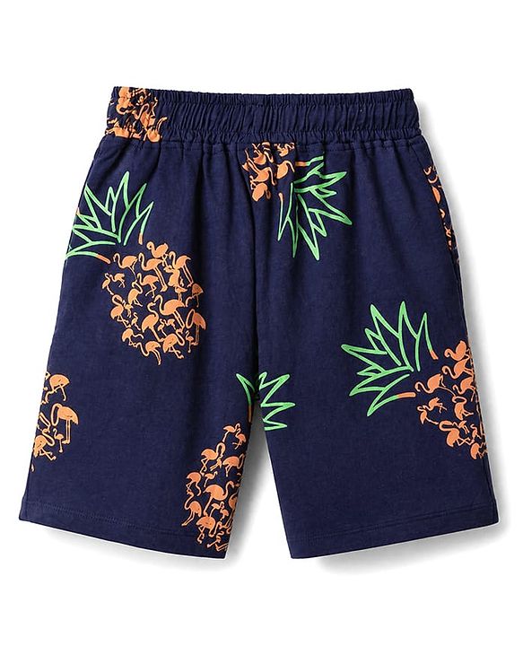 Pine Kids 100% Cotton Knit Half Sleeves Pineapple Print T Shirt & Shorts Co-ords Night Suit With Bio Washed in Navy Blue
