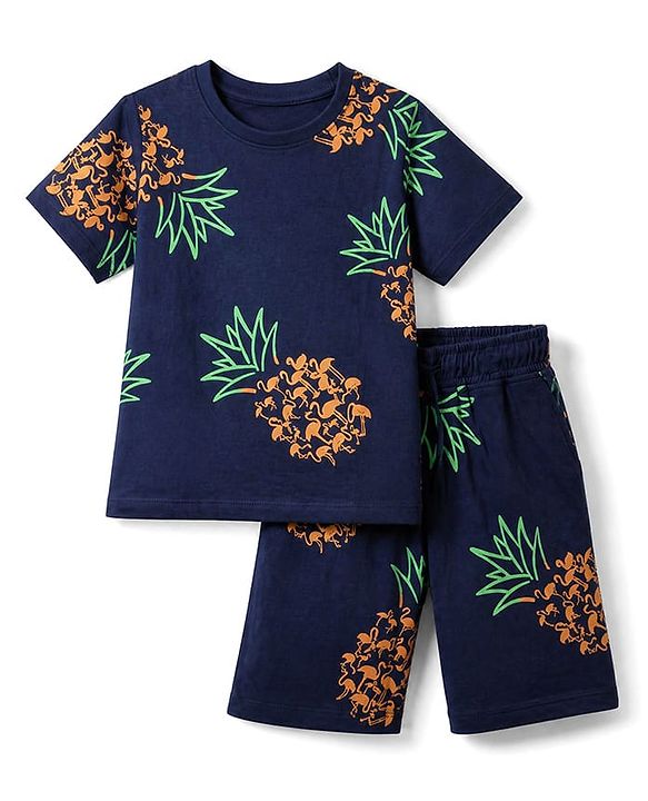 Pine Kids 100% Cotton Knit Half Sleeves Pineapple Print T Shirt & Shorts Co-ords Night Suit With Bio Washed in Navy Blue