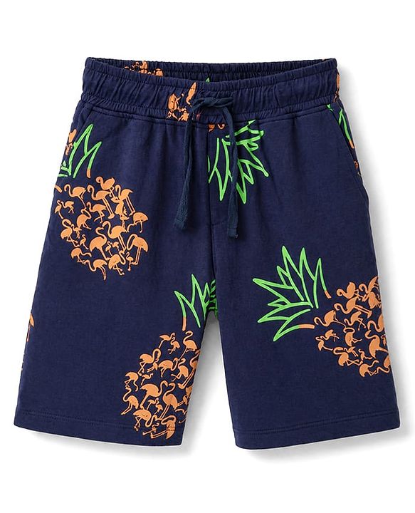 Pine Kids 100% Cotton Knit Half Sleeves Pineapple Print T Shirt & Shorts Co-ords Night Suit With Bio Washed in Navy Blue