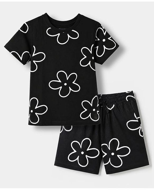 Pine Kids 100% Cotton Single Jersery Knit 180 GSM Half Sleeves Co-ords T-Shirt & Short Night Suit With Floral Print & Bio Wash-Black