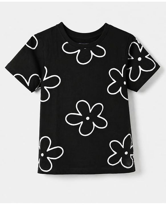 Pine Kids 100% Cotton Single Jersery Knit 180 GSM Half Sleeves Co-ords T-Shirt & Short Night Suit With Floral Print & Bio Wash-Black