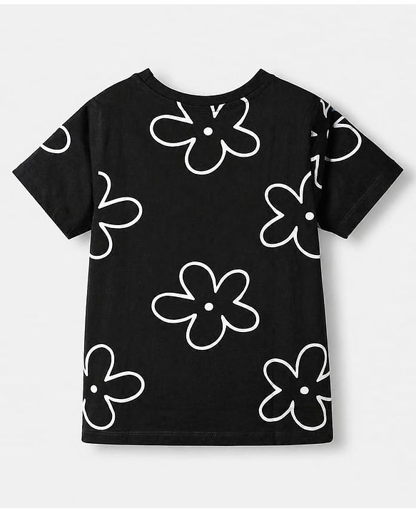 Pine Kids 100% Cotton Single Jersery Knit 180 GSM Half Sleeves Co-ords T-Shirt & Short Night Suit With Floral Print & Bio Wash-Black
