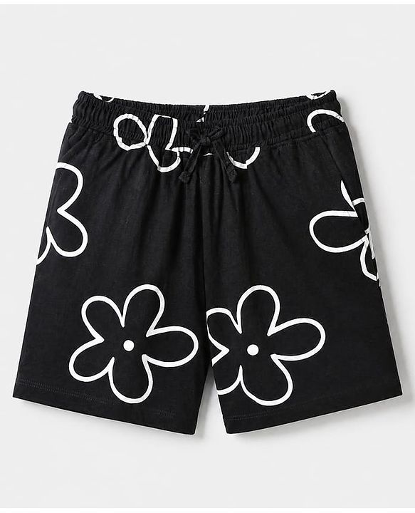 Pine Kids 100% Cotton Single Jersery Knit 180 GSM Half Sleeves Co-ords T-Shirt & Short Night Suit With Floral Print & Bio Wash-Black