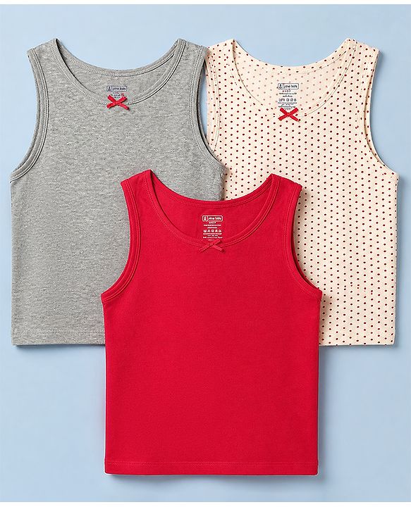 Pine Kids Cotton Elastane Knit Sleeveless Set of Vests with Polka Dots Print & Bow Applique Pack of 3 - White, Red & Grey