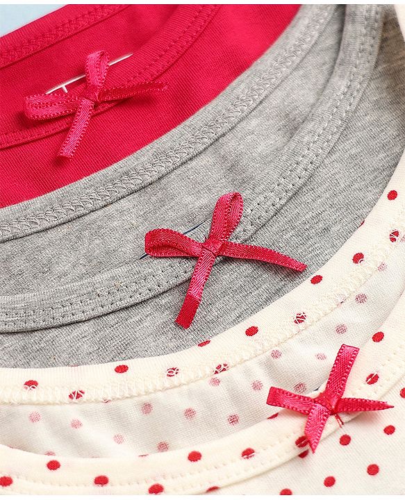 Pine Kids Cotton Elastane Knit Sleeveless Set of Vests with Polka Dots Print & Bow Applique Pack of 3 - White, Red & Grey