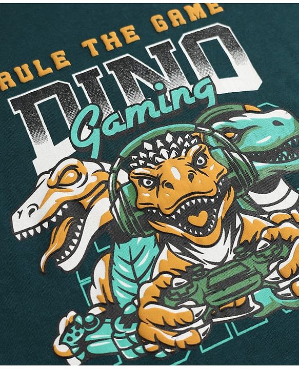 Pine Kids 100% Cotton Knit T-Shirts with Full Sleeves and Dinosaurs Print - Dark Green