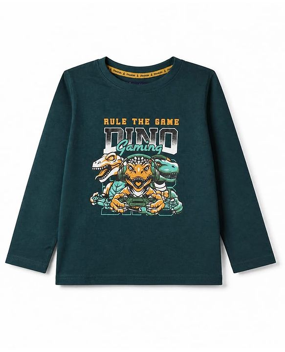 Pine Kids 100% Cotton Knit T-Shirts with Full Sleeves and Dinosaurs Print - Dark Green