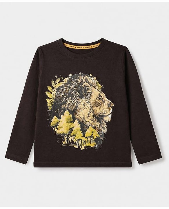 Pine Kids 100% Cotton Knit T-Shirt with Full Sleeves and Lion Print - Dark Brown
