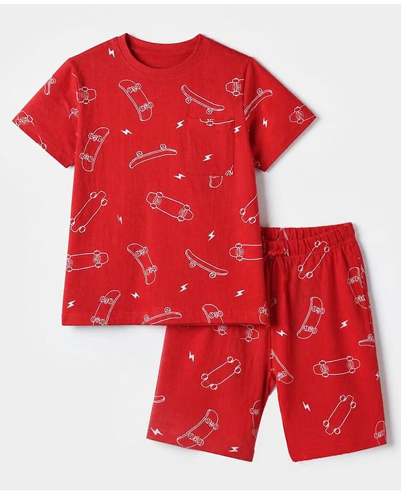 Pine Kids 100% Cotton Knit Half Sleeves Co-Ords T-Shirt & Shorts With Skate Board Print & Bio Finish - Red