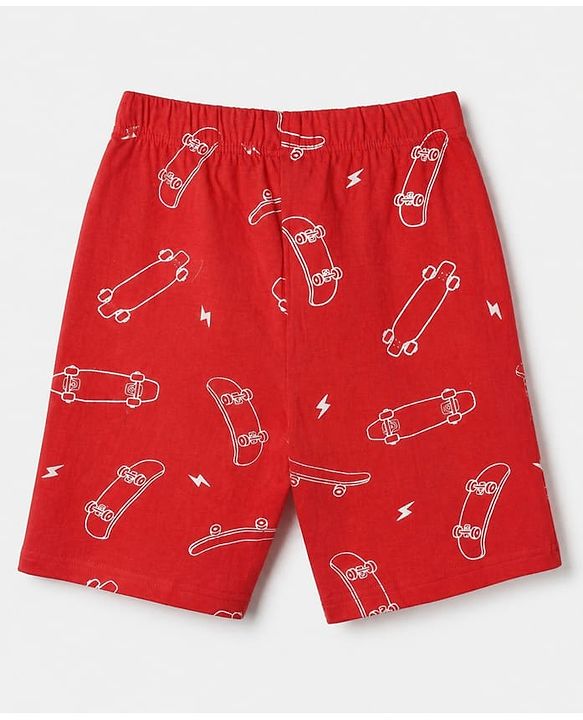 Pine Kids 100% Cotton Knit Half Sleeves Co-Ords T-Shirt & Shorts With Skate Board Print & Bio Finish - Red