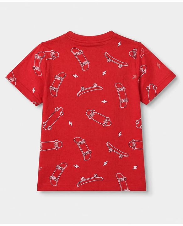 Pine Kids 100% Cotton Knit Half Sleeves Co-Ords T-Shirt & Shorts With Skate Board Print & Bio Finish - Red